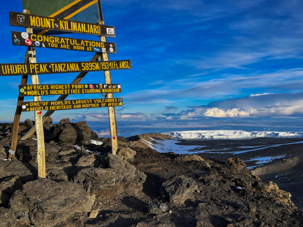 Kilimanjaro summit sign with icefield in the distance