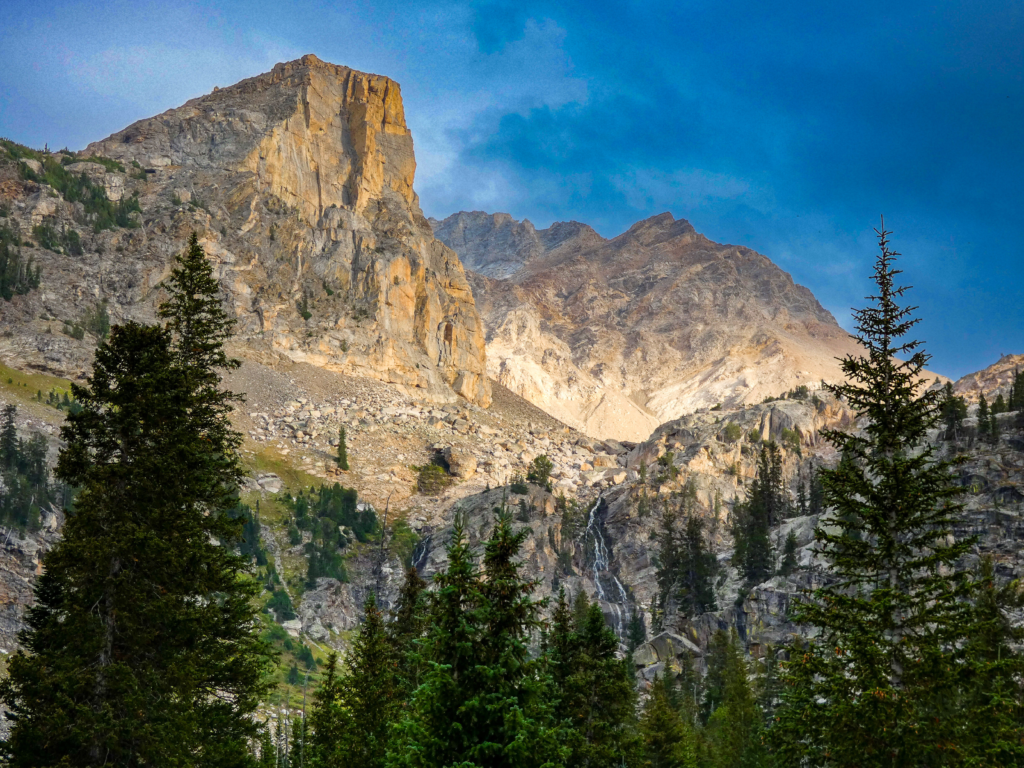 Beautiful mountain scene with waterfall on the Teton Crest Trail in the Grand Tetons