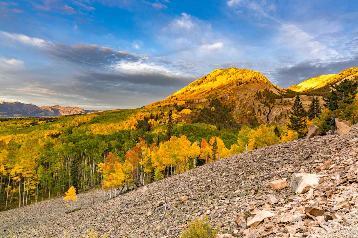 A Colorado fall scene featuring golden aspens and rugged peaks near Ohio Pass