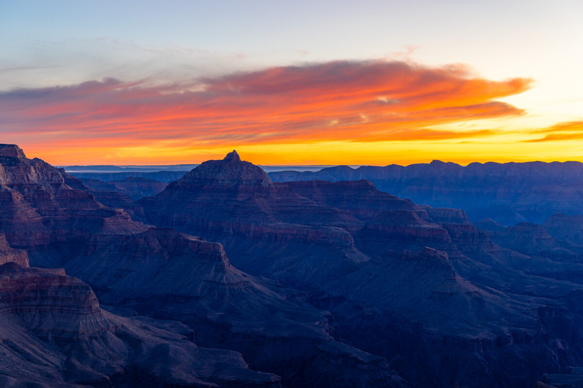 Dawn light over Grand Canyon National Park with layered ridges