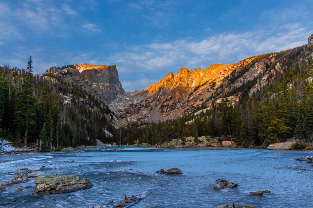 Nymph Lake at sunrise with still water and soft light
