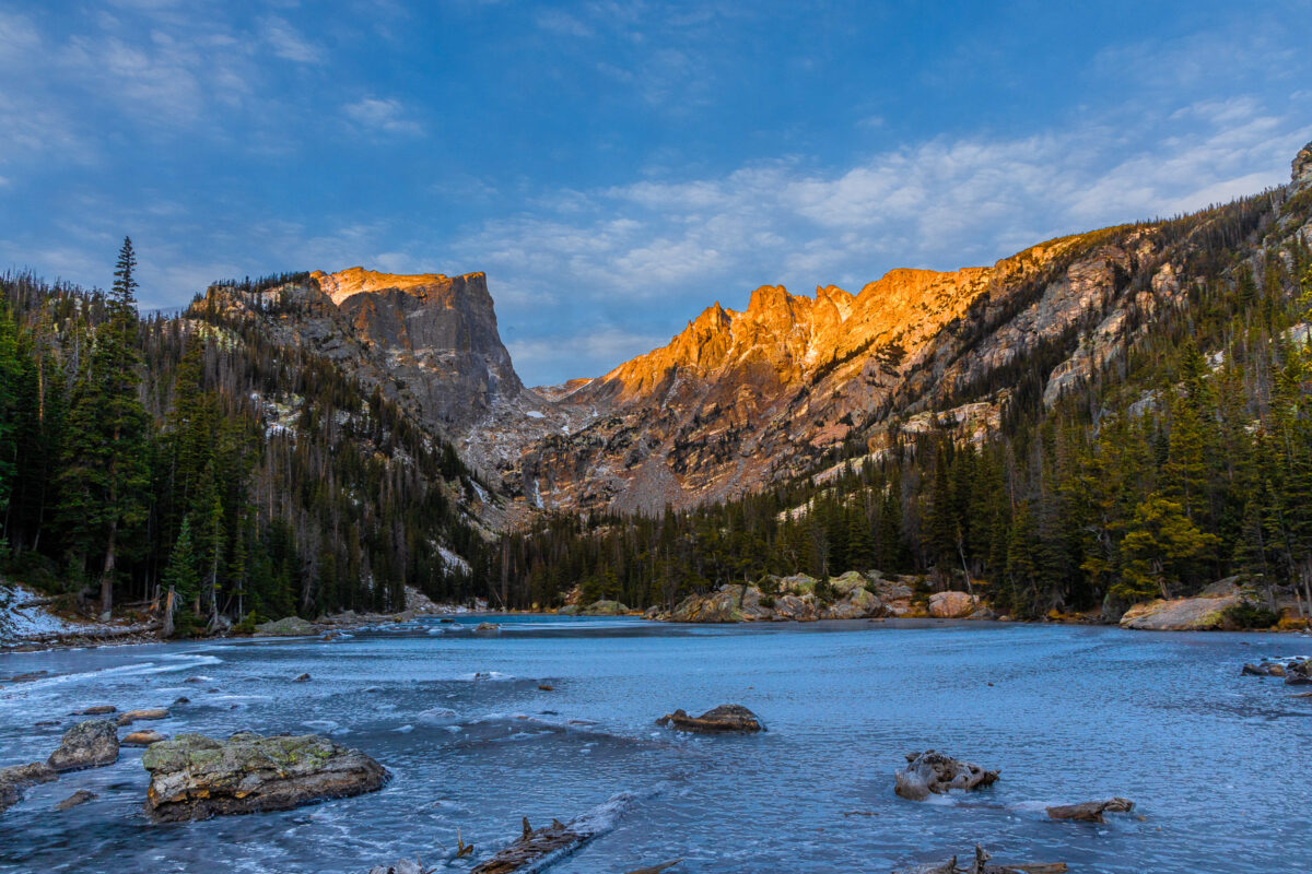 Nymph Lake at sunrise with still water and soft light