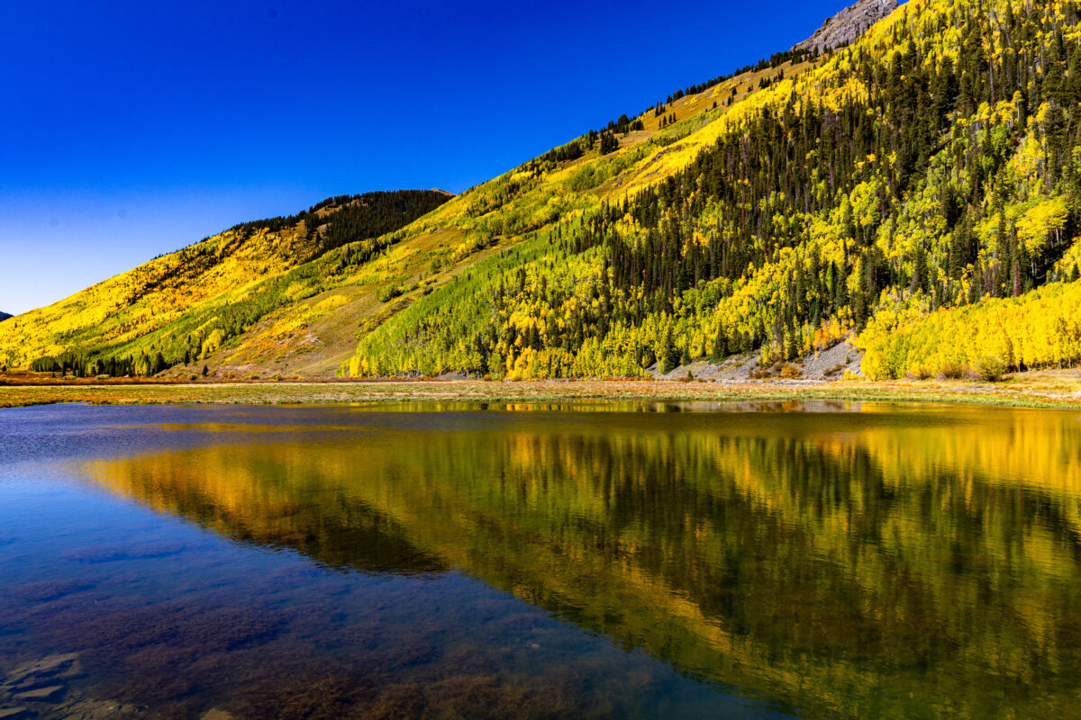 Vibrant Colorado fall colors glow across the San Juan Mountains above Red Mountain Lake. Museum-quality fine art landscape prints in multiple sizes.