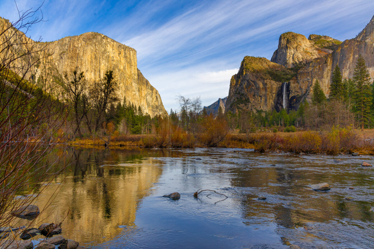Yosemite El Capitan reflection with fall color and calm water