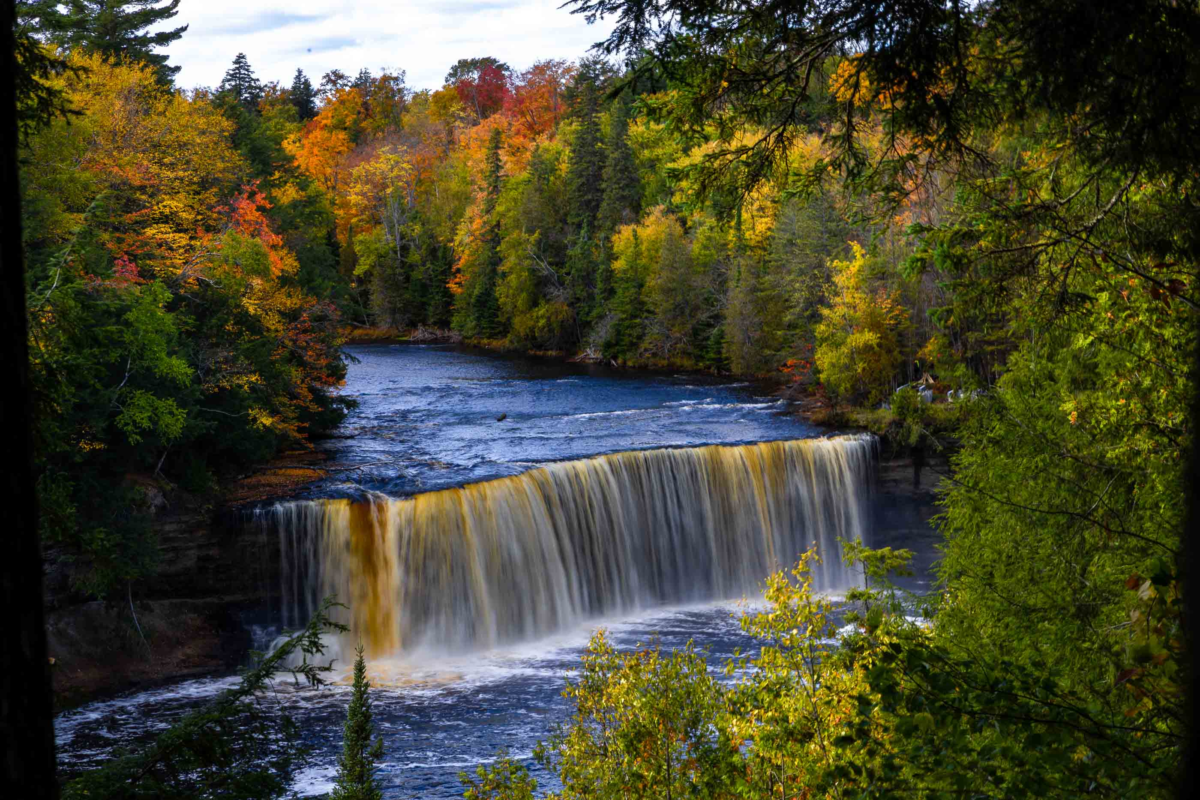 Tahquamenon Upper Falls with amber water and forest, Michigan