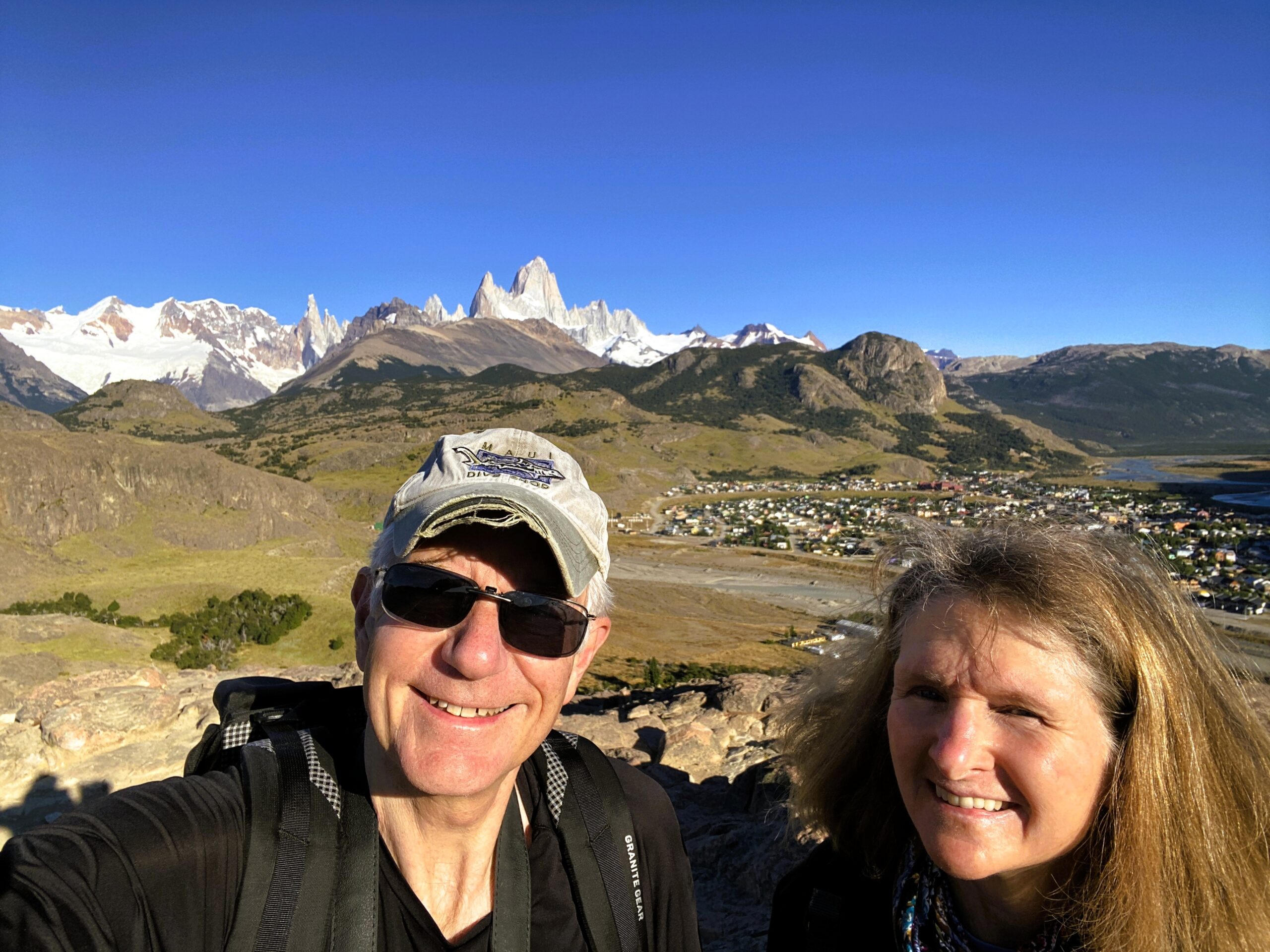 Mark and Margaret near El Chaltén with Mount Fitz Roy in the distance, Argentina