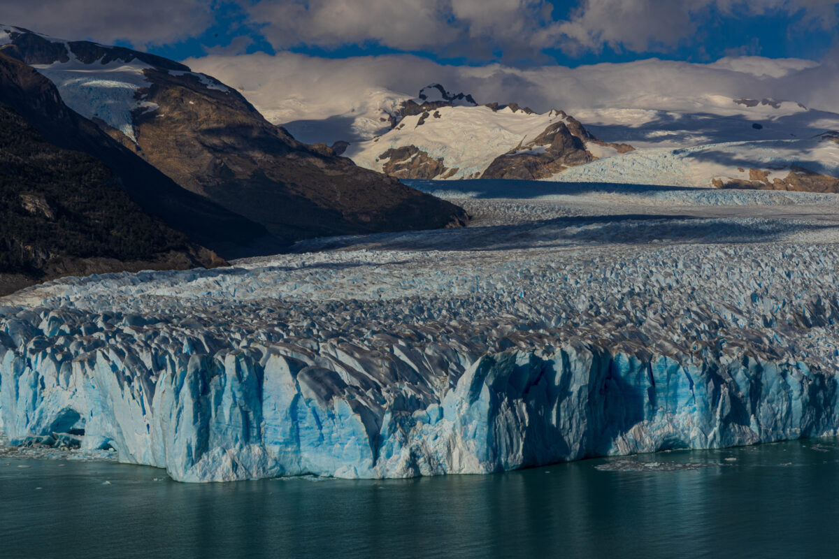 Close view of blue ice textures on Perito Moreno Glacier in Patagonia, Argentina