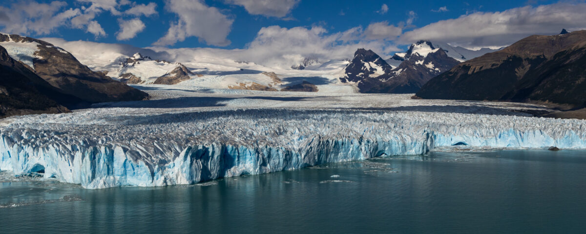 Panoramic view of Perito Moreno Glacier stretching across Patagonia, Argentina