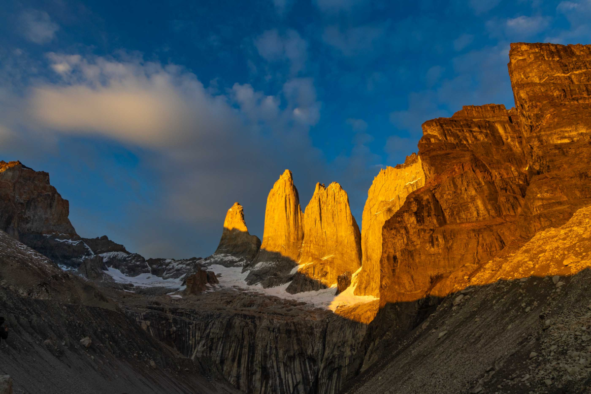 Sunrise illuminating Los Torres in Torres del Paine National Park, Chile