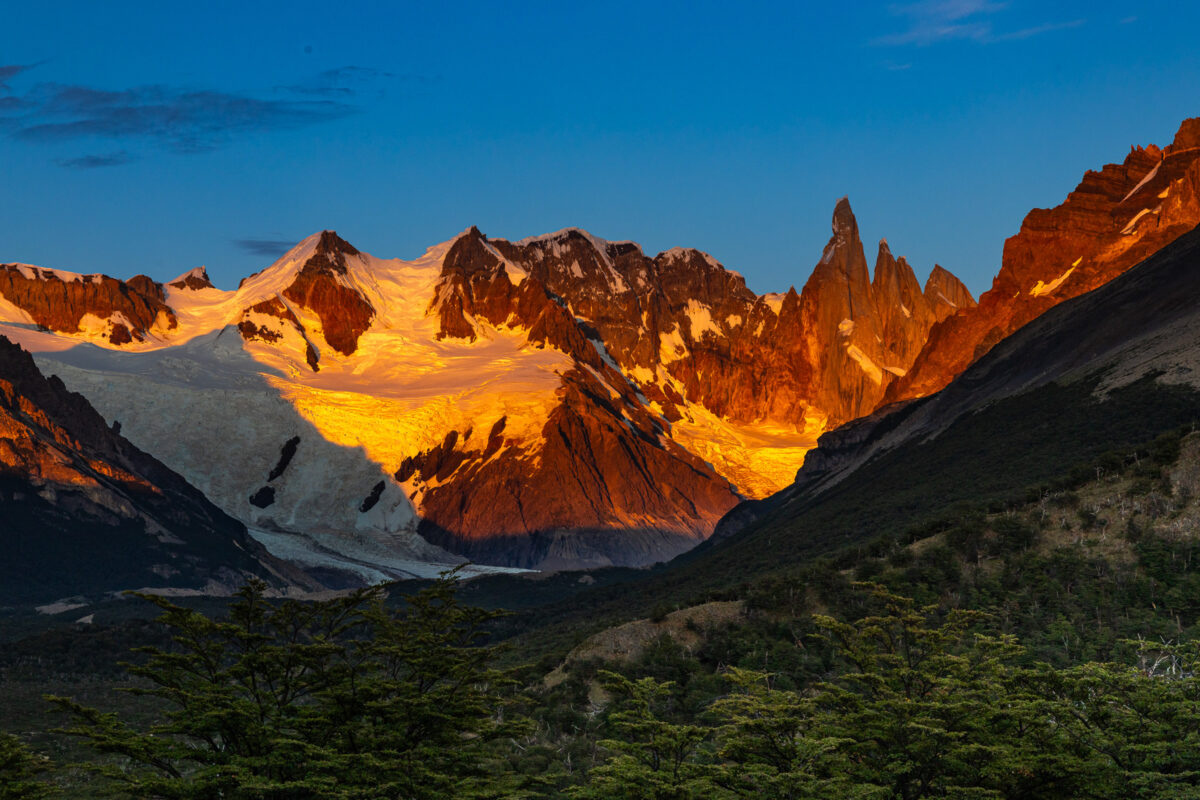 Dawn light touching Cerro Torre spire in Patagonia, Argentina