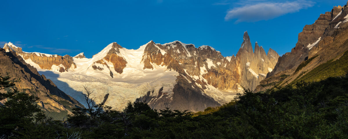 Panoramic view of Cerro Torre and surrounding peaks in Patagonia, Argentina
