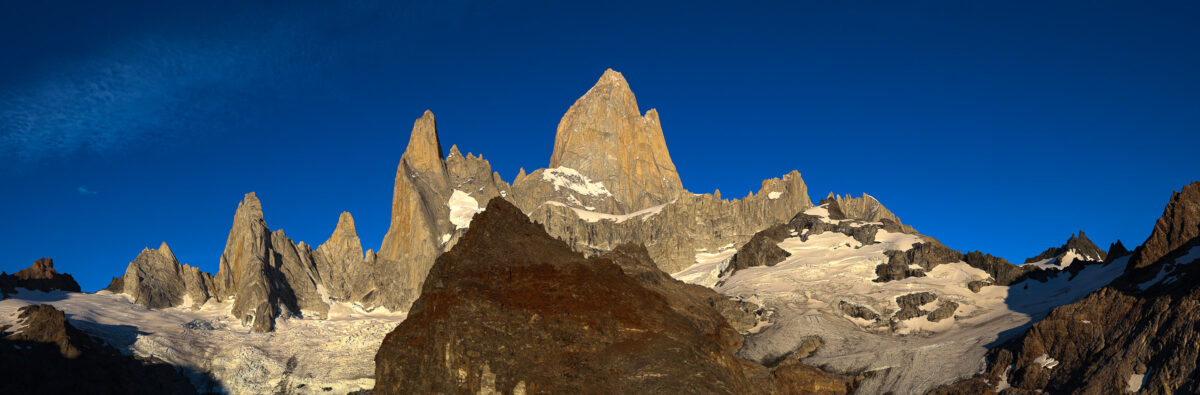 Panoramic sunrise view of Mount Fitz Roy in Patagonia, Argentina