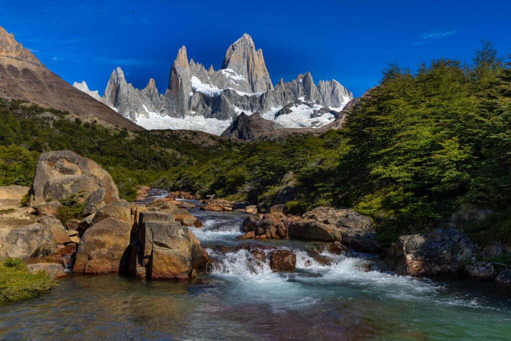 Mountain stream foreground leading toward Mount Fitz Roy in Patagonia, Argentina