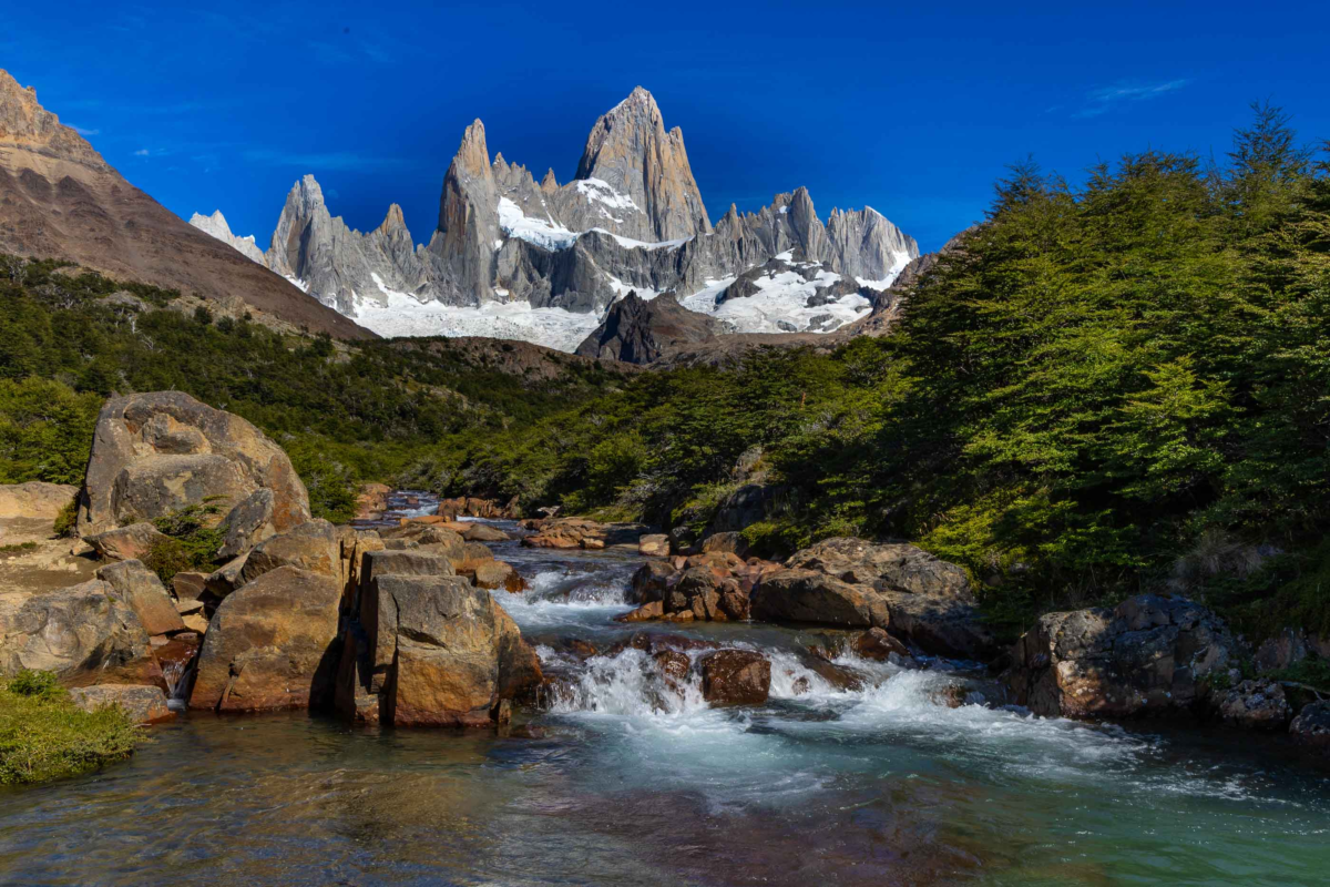 Mountain stream foreground leading toward Mount Fitz Roy in Patagonia, Argentina