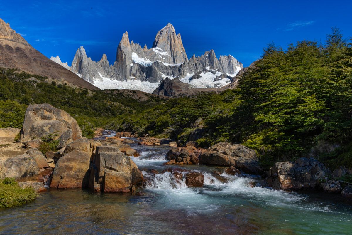 Mountain stream foreground leading toward Mount Fitz Roy in Patagonia, Argentina