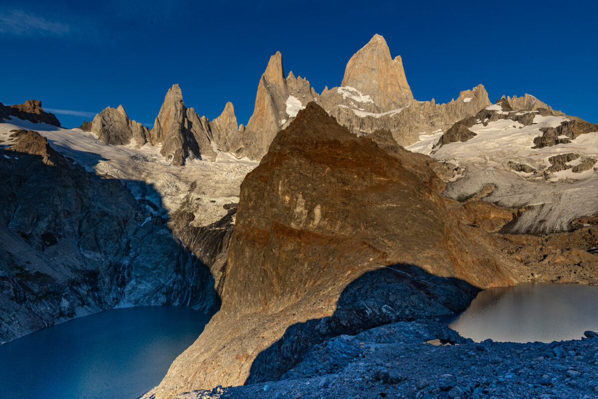 Glacial lakes reflecting Mount Fitz Roy at sunrise in Patagonia, Argentina