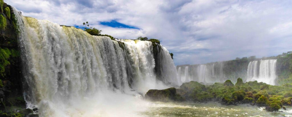 Panoramic ground-level view of Iguazu Falls from the Brazil side
