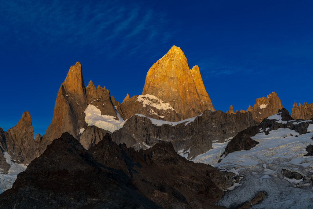 first light on mt. fitzroy in argentina