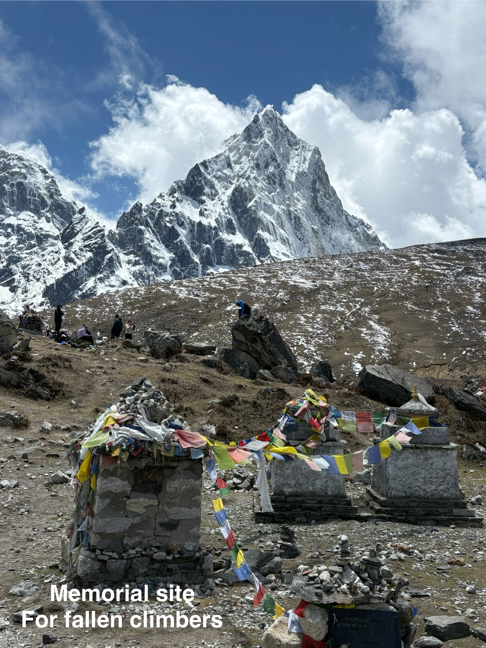Memorials honoring fallen climbers near Everest in Nepal