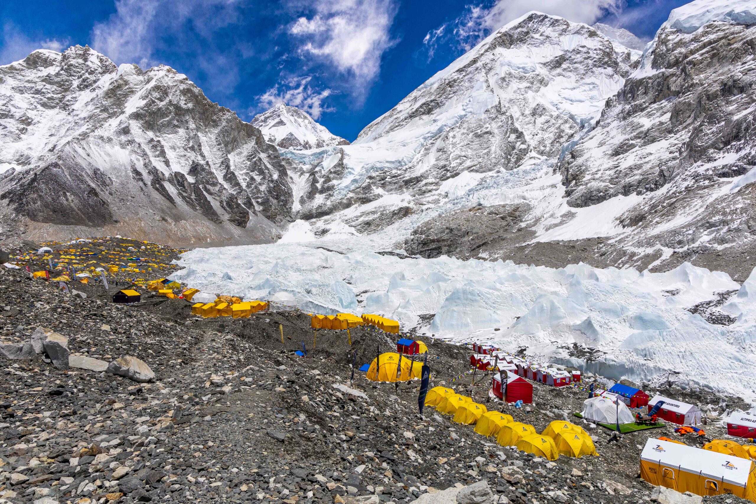 Everest Base Camp with tents and surrounding Himalayan peaks