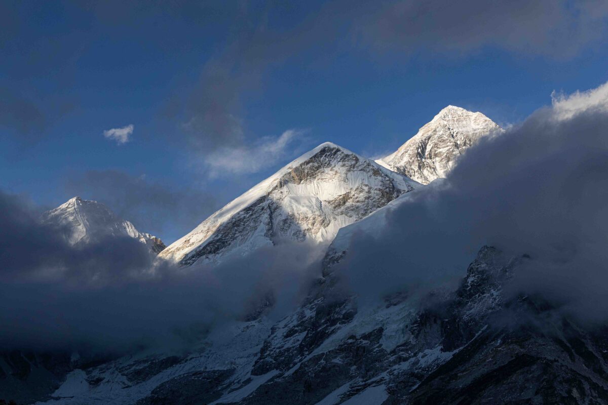 Mount Everest Emerges Above the Clouds in the Himalaya of Nepal