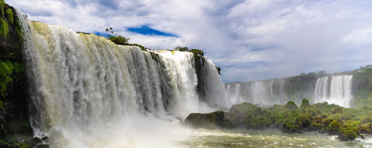 Panoramic ground-level view of Iguazu Falls