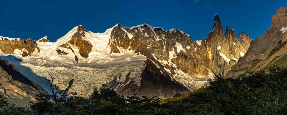 First rays of sun on Cerro Torre in Argentina's Patagonian Los Glaciares National Park