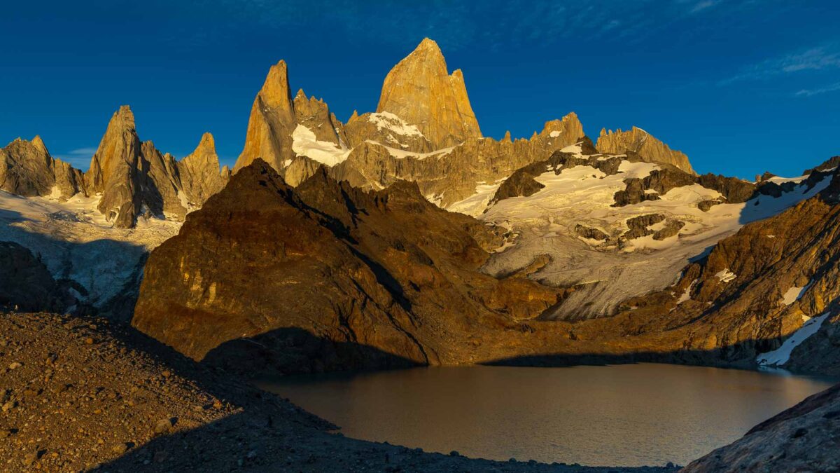First rays of sunlight on Argentina's Mt. Fitz Roy