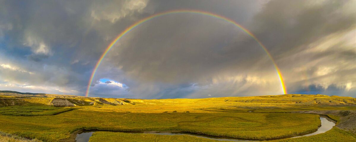 Full rainbow over Hayden Valley in Yellowstone National Park with dramatic storm clouds and golden grasslands.