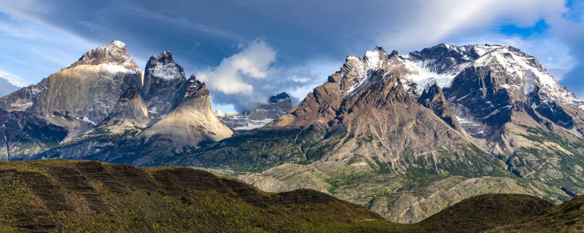 Panoramic view of the Paine Massif in Torres del Paine National Park, Chile