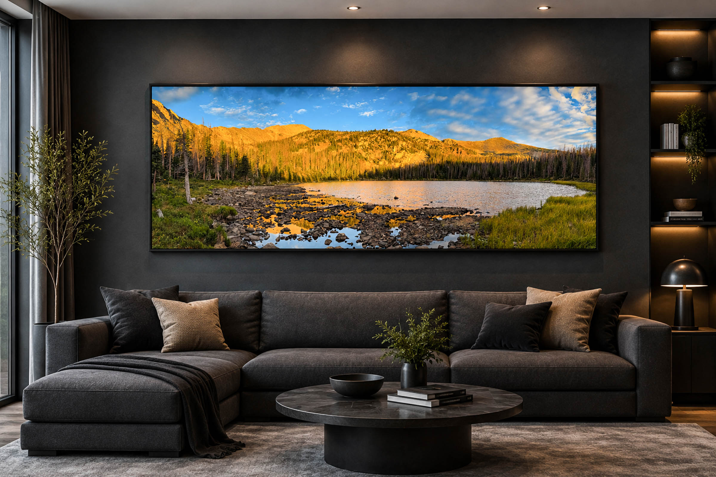 Contemporary Living Room with a Colorado Trail Lake Panorama