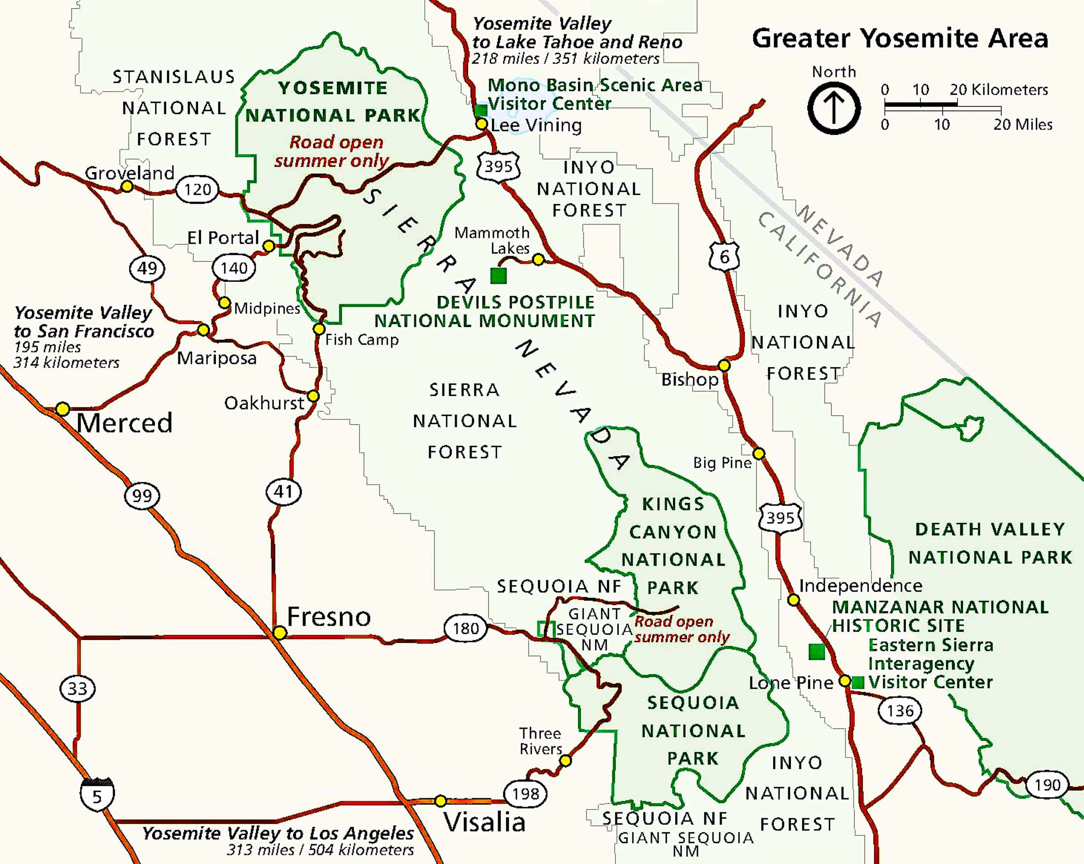 National Park Service regional approach map for Yosemite National Park