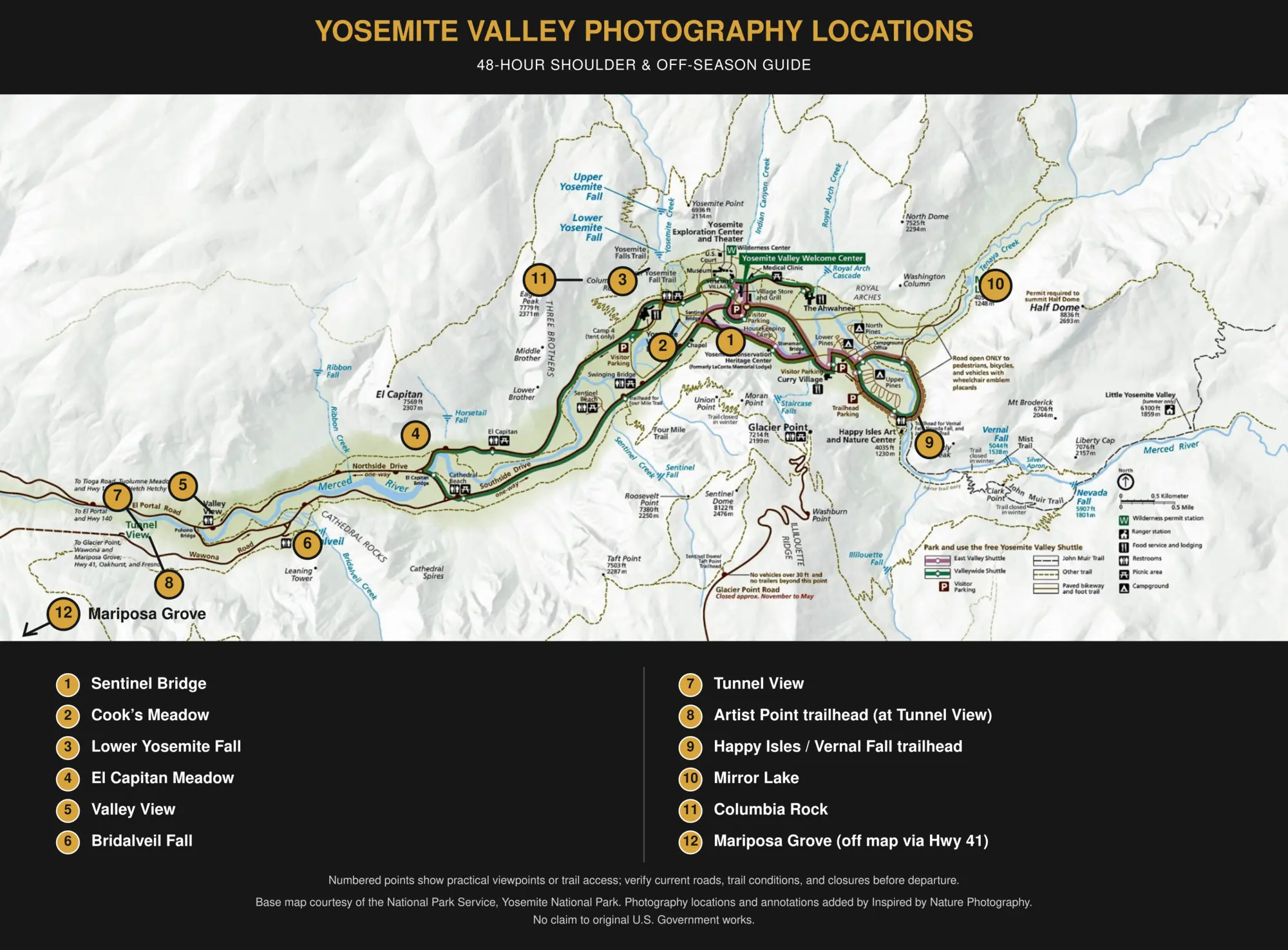 Numbered Yosemite Valley photography map showing twelve recommended locations