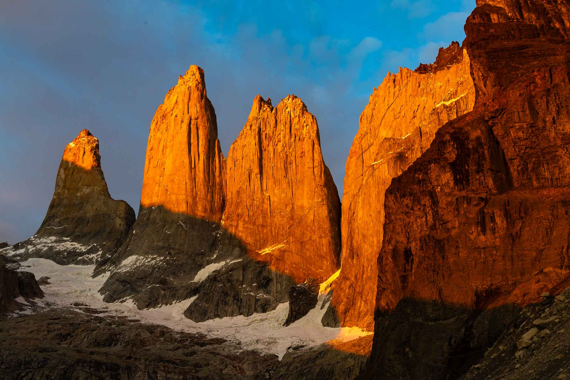 Golden light on Torres del Paine peaks