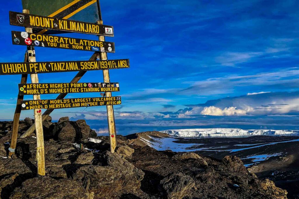 The summit sign on Kilimanjaro with snowfield in the background